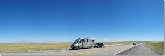 Our motorhome and car on the road between Idaho Falls and Arco on the Idaho National Laboratory