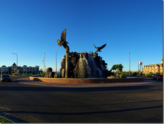 A roundabout fountain and sculpture in Idaho Falls, Idaho