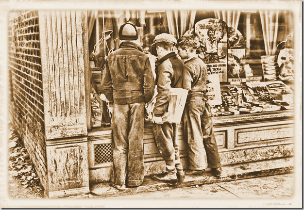 Images of the Great Depression 001 - Newsboys admiring sporting goods, Jackson, Ohio – April 1936