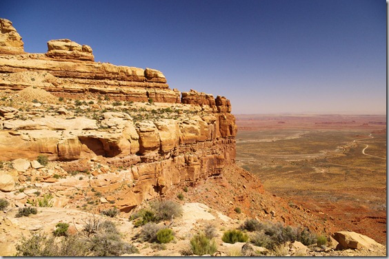 The Moki Dugway  is a series of steep switchbacks down a greval road from the top of Cedar Mesa over less than 3 miles.