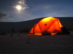 Camping under a full moon; Backpacking; White Sands National Monument