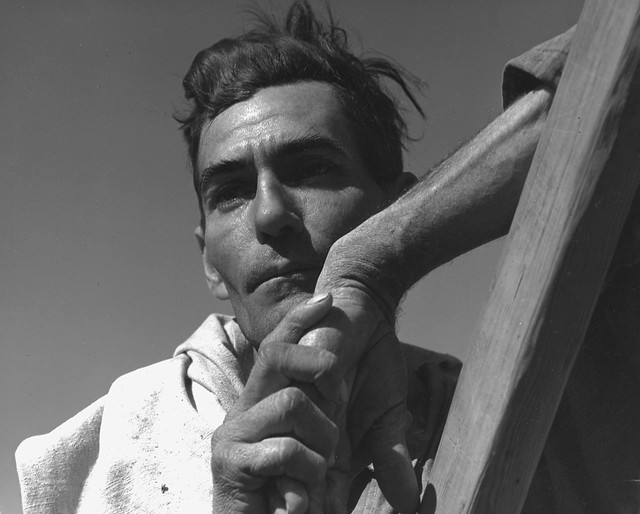 Near Coolidge, Arizona. Migratory cotton picker with his cotton sack slung over his shoulder rests at the scales before returning to work in the field.