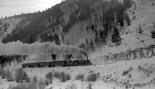Train # 315, The Shavano; 4 cars, snow, and steam. D&RGW train (Narrow Gauge), engine number 479, engine type 2-8-2