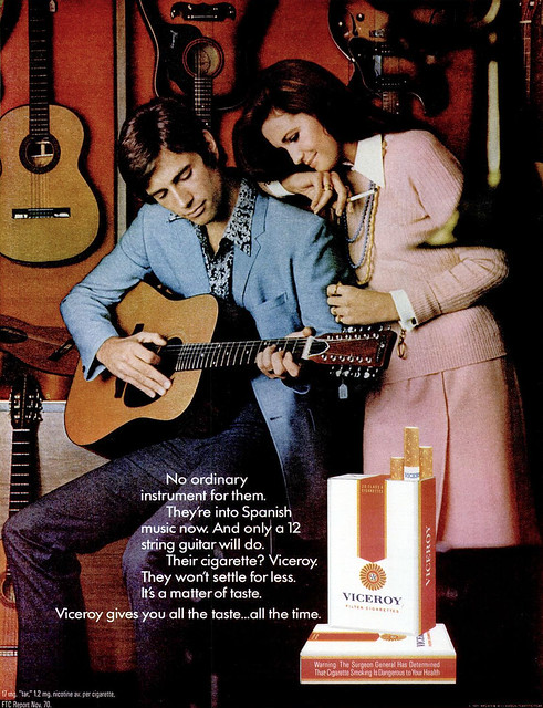 Text: No ordinary instrument for them. They're into Spanish music now. And only a 12 string guitar will do. Their cigarette? Viceroy. They won't settle for less. It's a matter of taste. Viceroy gives you all the taste...all the time.